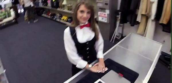  Petite pawnshop customer throatfucked for easy cash